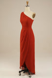 Red Asymmetrical One Shoulder Chiffon Bridesmaid Dress