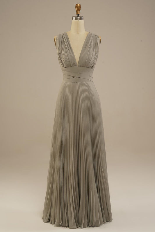 A-line Floor Length Deep V-Neck Chiffon Bridesmaid Dress