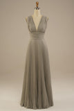 A-line Floor Length Deep V-Neck Chiffon Bridesmaid Dress
