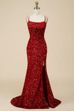 Red Trumpet-Mermaid Lace Up-Corset Sequin Party Dress