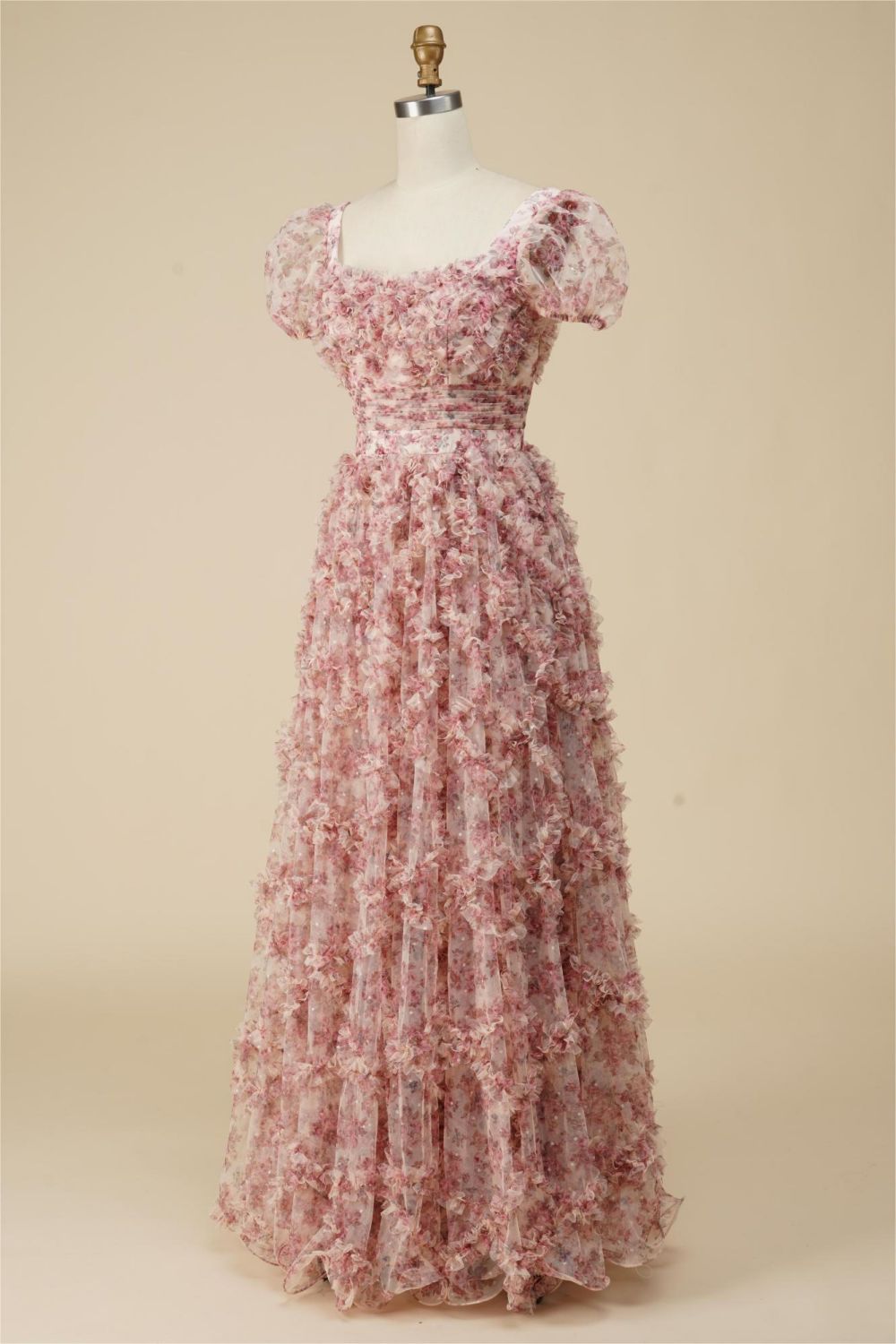 A-line Floor Length Shot Sleeves Print Prom Dress