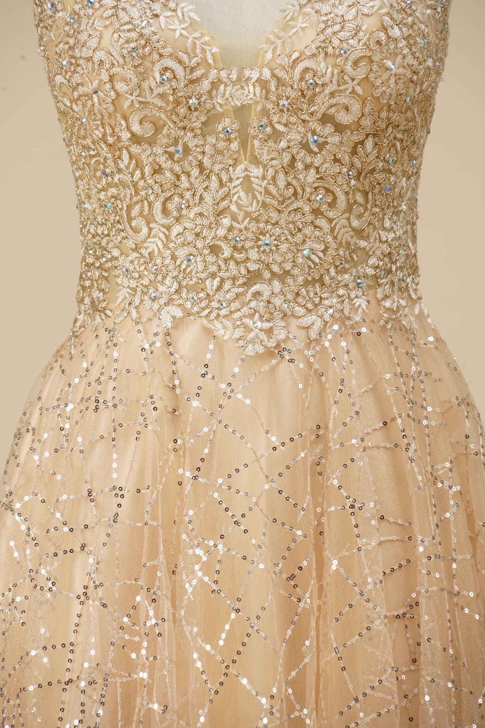 Champagne Spaghetti Straps Prom Dress With Beading And Sequin