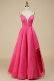 Hot Pink A-line Deep V-Neck Prom Dress With Split