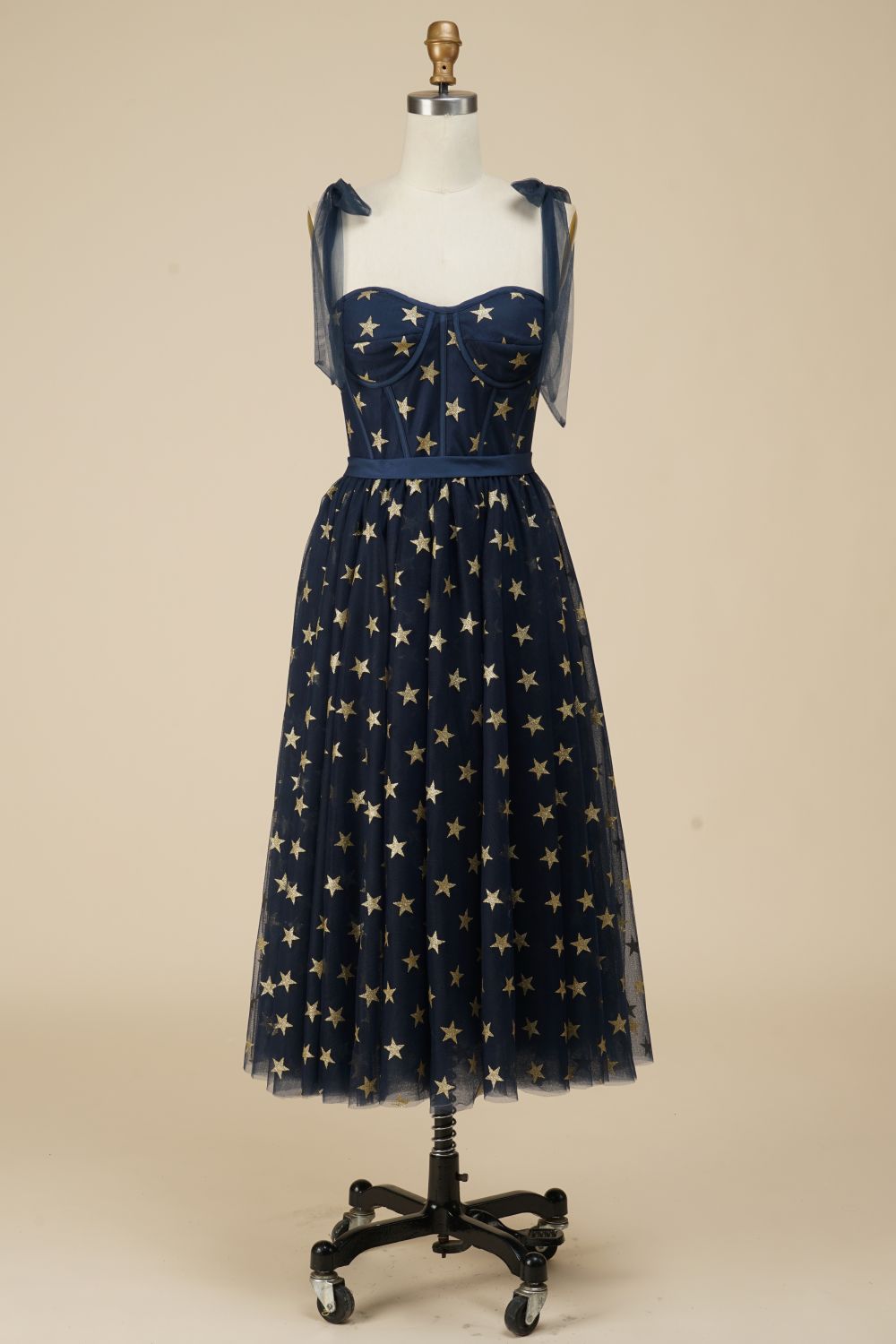 Navy A-line Tea Length Party Dress WIth Star Pattern