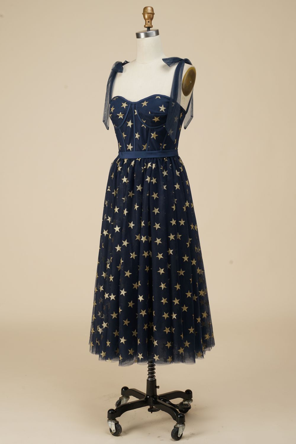 Navy A-line Tea Length Party Dress WIth Star Pattern