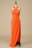 Orange Sheath-Column Sequin Party Dress With Slit