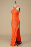 Orange Sheath-Column Sequin Party Dress With Slit