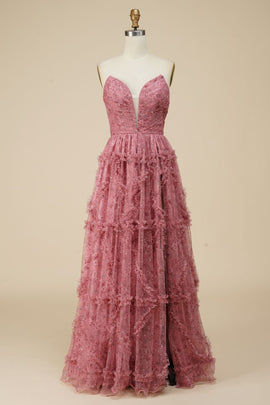 Romantic A-line Deep V-Neck Print Prom Dress With Split